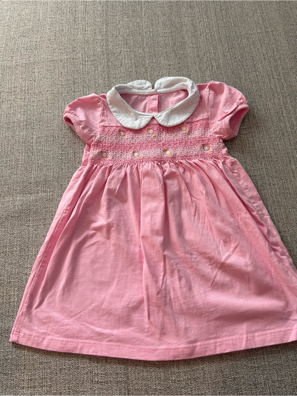 Pink Smocked Cotton Kids Dress with White Peter Pan Collar.  Cotton Size 3